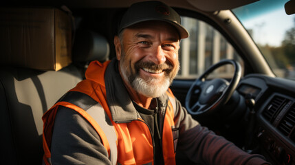 A smiling delivery man delivers packages by car