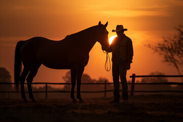Silhouettes of a man and a horse in a countryside field during sunset - obrazy, fototapety, plakaty