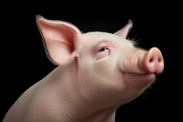 Pig close-up portrait on a black background.	