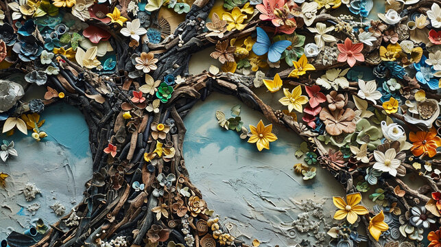 Recycled materials forming beautiful tree art, AI Generated