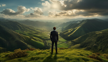Business man in dark suite standing on green grass in the mountains looking into a scenic valley with light rays and dramatic clouds. Concept of new frontiers and success. 