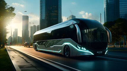 electric bus on the city highway, sport car, realistic, ultra HD, detailed, 8k