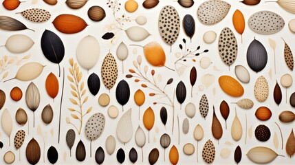 a harmonious pattern against a neutral background, creating a balanced and visually pleasing composition that highlights the diversity of seed colors. - obrazy, fototapety, plakaty