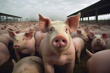 Pig breeding farm building with a lot of curious animals