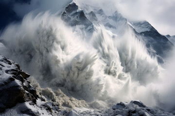 avalanche, big avalanche in mountain region, himalaya avalanche, snow storm, snow, storm