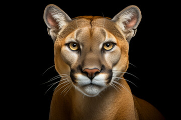 Mountain Lion close-up portrait on a black background. Animal front portrait.	
