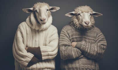 Two people with human body and sheep head in wool sweater standing with crossed arms, beautiful, funny, original satirical illustration, Think outside the flock, act different, don't follow the group - obrazy, fototapety, plakaty