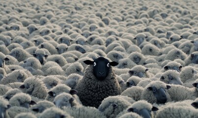 Funny cartoon flock of sheep with a single black sheep whose head sticks out, stands out from the crowd, different from the pack, with fun face, ironic or absurd humour, social norms satire picture - obrazy, fototapety, plakaty