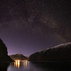 Fjord village of Skjolden with starry sky