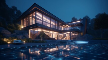 3d rendering of modern cozy house with pool and parking for sale or rent. Luxury house in the garden at night.