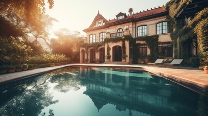 Swimming pool in the garden with sunlight at sunset, vintage tone - obrazy, fototapety, plakaty