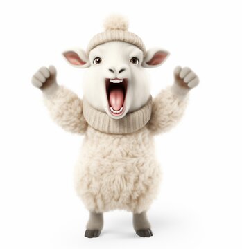 Humor funny image of cute 3D sheep in protest wearing woolen pullover and hat, adorable rebel cartoon, comic animal protesting, disagreeing, rising up against farmer or wolf, web site illustration