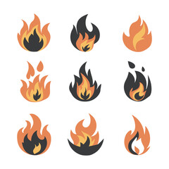 Colorful fire icon set. Fire flame symbol. Bonfire logotype vector illustration.
