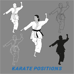 KARATE POSITIONS - Karate girl. Karate vector silhouettes. Karate martial arts.