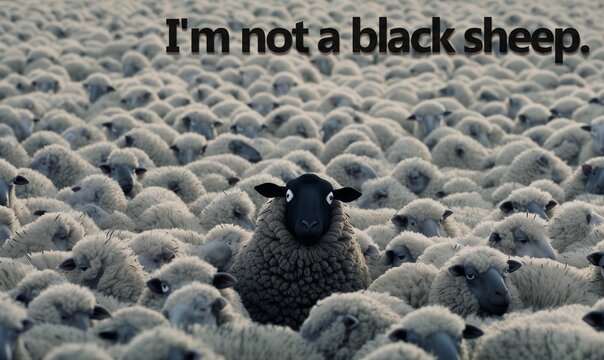 Flock of sheep comic illustration with only one single black sheep saying he is not a black sheep. Absurd humor, irony pic, English message text with funny pun. Fun picture of a herd of followers.