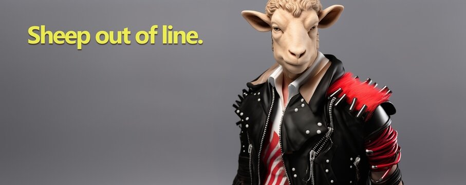Humor sign banner with funny English message representing fun punk sheep character standing out from the crowd, animal rocker, rebel, maverick, marginal outsider out of the flock, out of line tagline