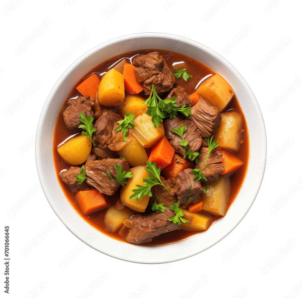 Wall mural Beef stew with vegetables isolated on transparent background. PNG file, cut out