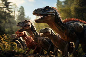 A diorama featuring a pack of velociraptors in a hunting scene, illustrating the behavior and...