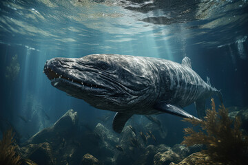 Fototapeta premium A reconstruction of a prehistoric sea monster, such as the Ichthyosaur, capturing the imagination of ancient marine life. Generative Ai.
