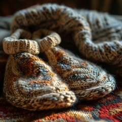 Fototapeta premium Knitted woolen socks on a wooden background. Selective focus