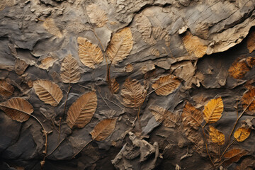 The fossilized imprints of ancient plant leaves, revealing the rich flora that covered prehistoric landscapes. Generative Ai.
