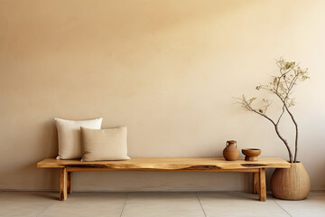 Japandi interior design of modern entrance hall.
Wood bench against beige wall with copy space