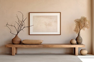 Japandi interior design of modern entrance hall.
Wood bench against beige wall with copy space - obrazy, fototapety, plakaty