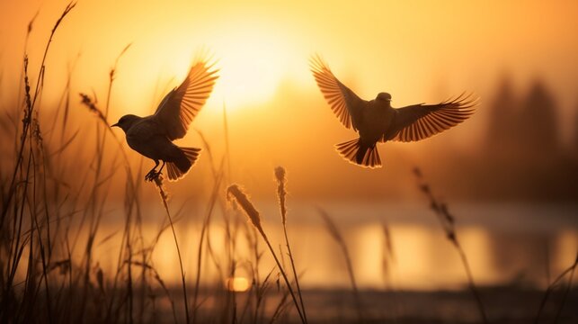  a sunlit meadow, their silhouettes against the golden hues of the setting sun, capturing the ethereal beauty of their movements, blending seamlessly with the tranquility of the evening.