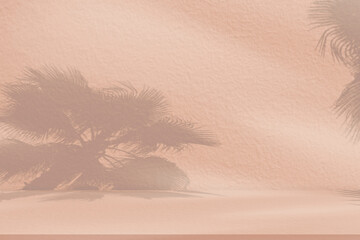 Beige Background,Shadow of palm leave on concrete wall surface with copy space,Empty Display Room...