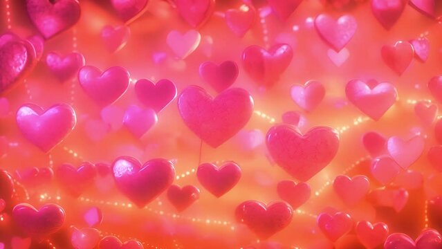 Pastel pink and neon pink color. 3D hearts, abstract backgrounds, patterns, Valentine's Day background. Bokeh light hearts sparkling around mp4