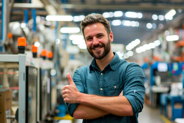 Fototapeta na wymiar Portrait manager smiling and thumbs up at the factory