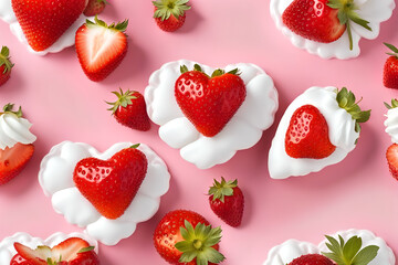 Fototapeta premium Heart-shaped strawberry with Chantilly creme. Gourmet background hearts for lovers - Mother's day. Background card. Banner- Valentine days