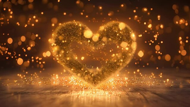 Heart of gold sparkling around. Beautiful Holiday background for Valentine's Day, New Year. Decorative heart of fireworks on night sky background. Abstract template with copy space for design flyer, g