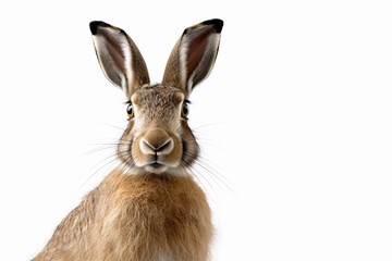Naklejka premium European Hare close-up portrait on a white background.
