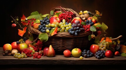 Naklejka na ściany i meble a rustic basket filled with an assortment of ripe fruits, their vivid shades and natural shine creating a captivating image of abundance and health, highlighting the allure of fresh produce.