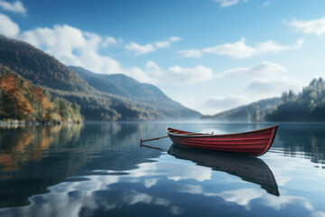 A solitary rowboat drifting on a glassy lake, underlining the simplicity and quiet beauty of...