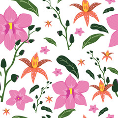 Vector seamless floral pattern with orchid flowers. Hand-drawn surface    pattern illustration decorative background