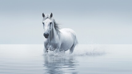 A serene moment frozen in time, a white horse immersed in the gentle ripples of water against a clean white background, the high-resolution image capturing the peaceful harmony of the scene.