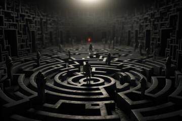A labyrinth of twisted corridors in the mind, each turn leading deeper into the maze of unresolved fears and haunting memories. Concept of psychological complexity. Generative Ai.