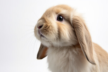 Obraz premium Holland lop rabbit close-up portrait on a white background.