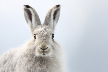 Mountain Hare close-up portrait on a white background.