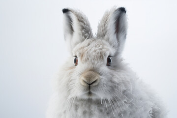 Mountain Hare close-up portrait on a white background.