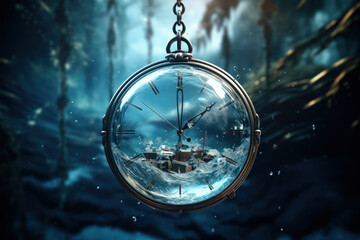 A pendulum frozen in mid-swing, symbolizing the suspended state of time in the face of psychological turmoil. Concept of temporal distortion. Generative Ai. - obrazy, fototapety, plakaty
