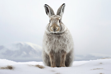 Mountain Hare sitting up in a natural outdoor environment. Animal front portrait.