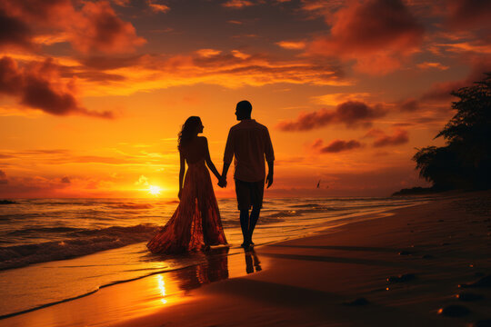 A sunset stroll along the beach, the couple's silhouettes etched against the vibrant hues of the sky, symbolizing the beauty of shared moments. Concept of romantic serenity. Generative Ai.