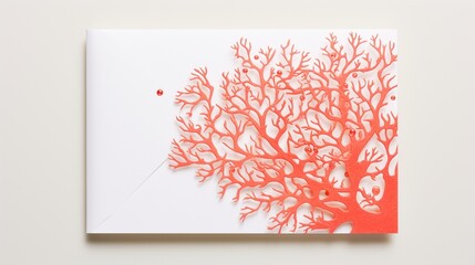 A sleek and modern coral invitation card in sharp focus against a bright white background, the high-quality image radiating a sense of style and celebration.