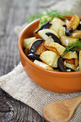 Potato salad with olives, onion, dill and olive oil