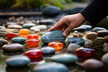 A close-up of hands arranging colorful stones in a Zen garden, illustrating the meditative practice of creating order and finding inner calm. Concept of Zen mindfulness. Generative Ai.