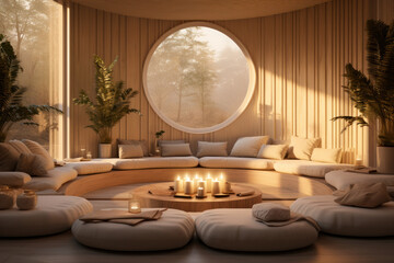 A serene meditation room with soft lighting and cushions, providing a tranquil space for mindfulness and inner peace cultivation. Concept of meditation sanctuary. Generative Ai.