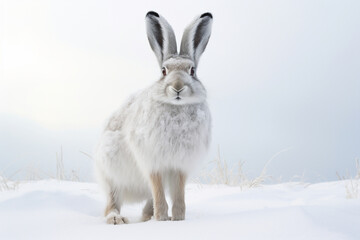 Snowshoe Hare sitting up in an outdoor natural environment. Animal front portrait.